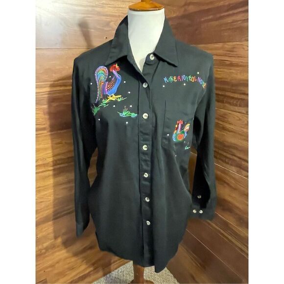 Quacker Factory Vintage 90’s Black Long Sleeve Button Down Shirt Embroidered Roo - Picture 15 of 16